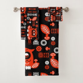 オレンジアンドブラックフォークアートノルディックフクロウ バスタオルセット