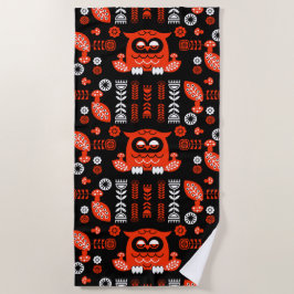 オレンジアンドブラックフォークアートノルディックフクロウ ビーチタオル