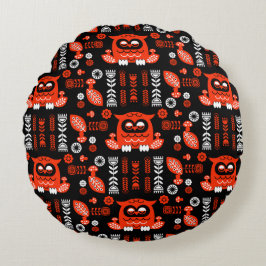 オレンジアンドブラックフォークアートノルディックフクロウ ラウンドクッション