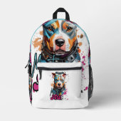 オレンジアンドブルーはっきりしたドッグポートレート プリントバックパック (正面)