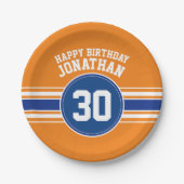 オレンジアンドブルー誕生日スポーツテーマ ペーパープレート (正面)