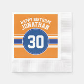 オレンジアンドブルー誕生日スポーツテーマ 縁ありカクテルナプキン (正面)