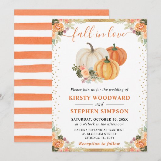 オレンジアンドホワイトフローラカボチャ秋の結婚式 招待状 (正面/裏面)
