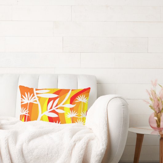 オレンジアンドホワイトボタニカルイラストレーション ランバークッション (ソファ)