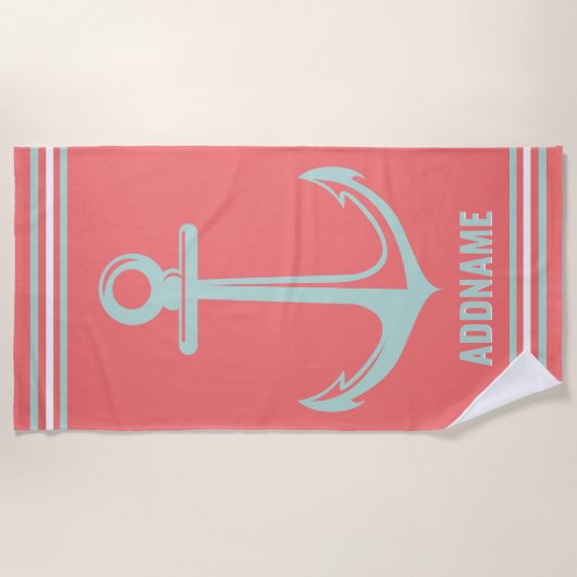 オレンジアンドライトミントいかり名前をカスタムする ビーチタオル (正面)