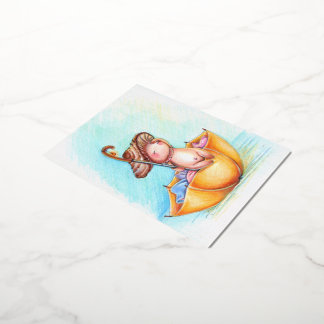 オレンジアンブレラキュートマッシュルームシーコテージコア 箔シーズンポストカード