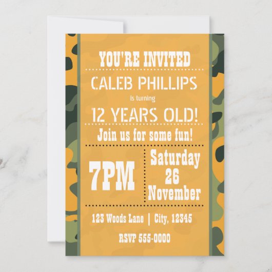 オレンジアーミーカモフラージュバースデーパーティ招待状 招待状 (正面)