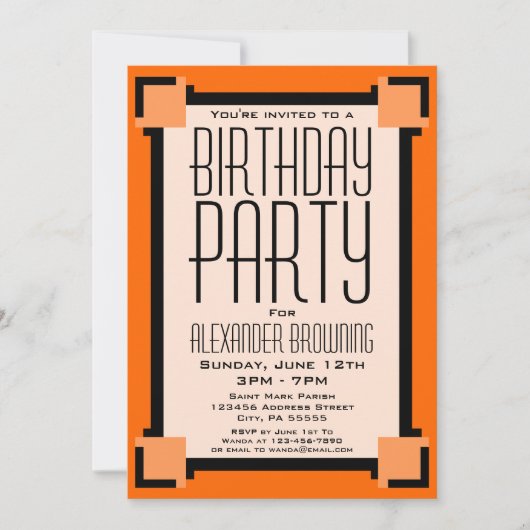 オレンジアールデコ誕生日パーティーへの招待 (正面)