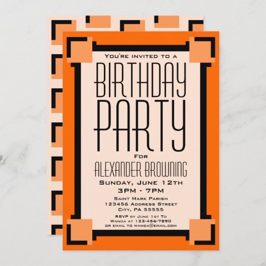 オレンジアールデコ誕生日パーティーへの招待 (正面/裏面)