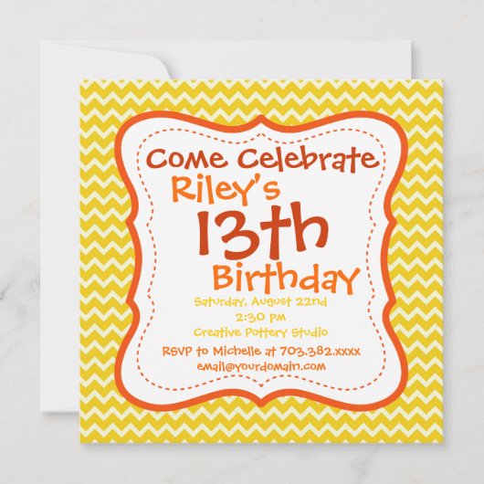 オレンジイエローのチェブロンの誕生日パーティー招待状 招待状 (正面)