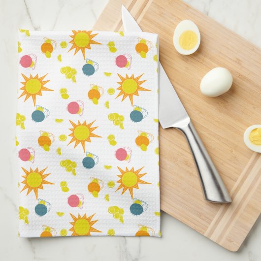 オレンジイエローの太陽 ピンク ティール色の水差し キッチンタオル (四つ折り)