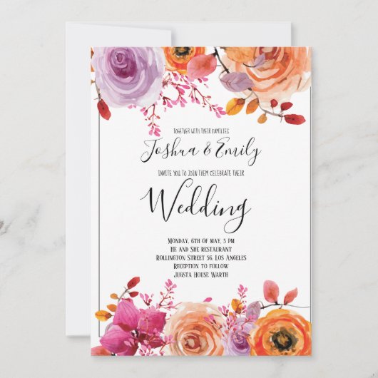 オレンジイエローの花の秋の結婚式 招待状 (正面)