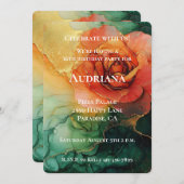 オレンジイエローグリーン金ゴールドフローラ誕生日 招待状 (正面/裏面)