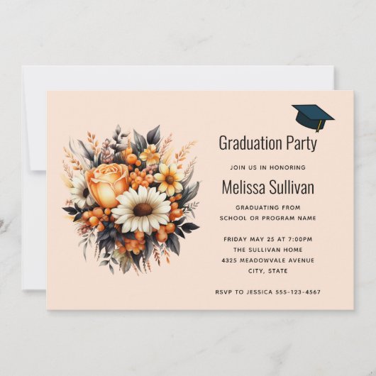 オレンジイエローグレイの花束 卒業 招待状 (正面)