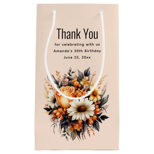 オレンジイエローグレーフラワーブーケありがとう スモールペーパーバッグ (正面)