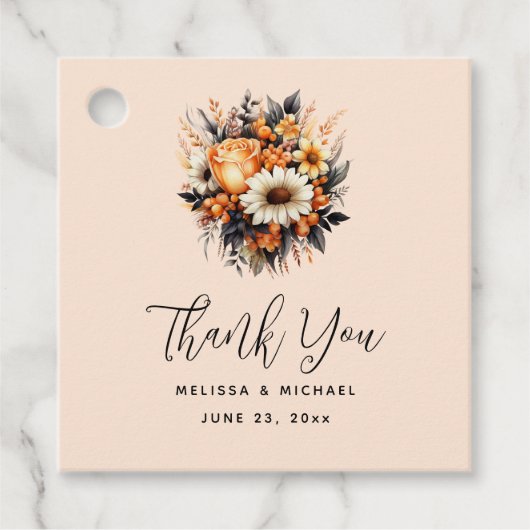 オレンジイエローグレーフラワーブーケありがとう フェイバータグ (正面)