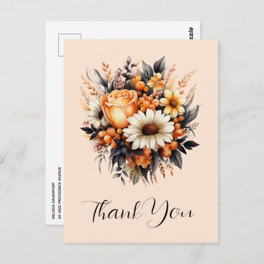 オレンジイエローグレーフラワーブーケありがとう ポストカード (正面/裏面)