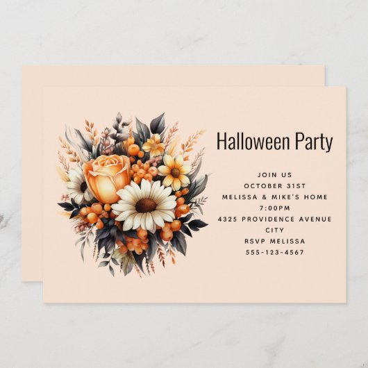 オレンジイエローグレーフラワーブーケハローウィンパーティ 招待状 (正面/裏面)