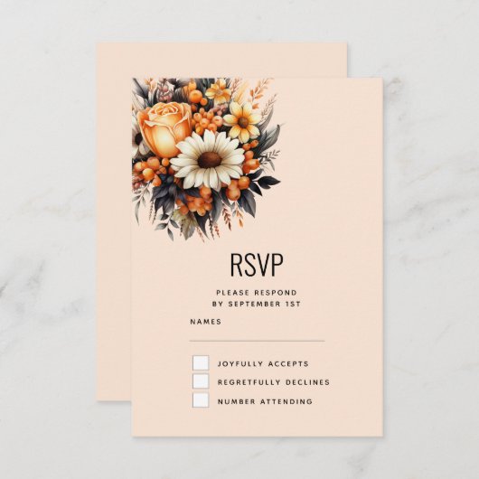 オレンジイエローグレーフラワーブーケ結婚ーズ 出欠カード (正面/裏面)