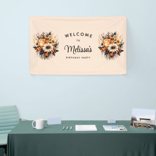 オレンジイエローグレーフラワーブーケ誕生日へようこそ 横断幕 (トレードショー)