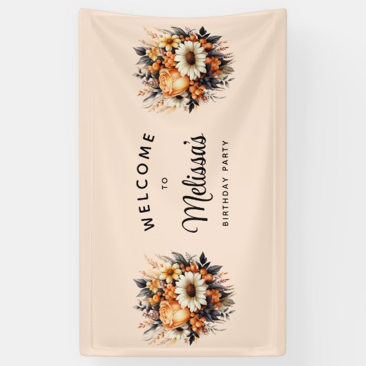 オレンジイエローグレーフラワーブーケ誕生日へようこそ 横断幕 (縦)