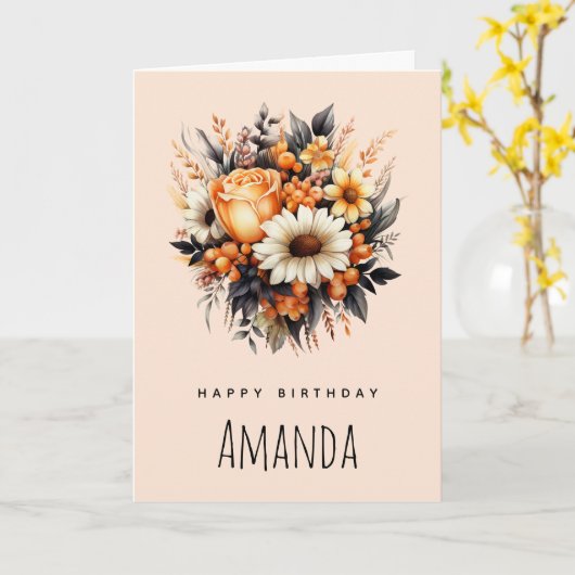 オレンジイエローグレーフラワーブーケ誕生日 カード (黄色い花)