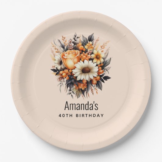 オレンジイエローグレーフラワーブーケ誕生日 ペーパープレート (正面)