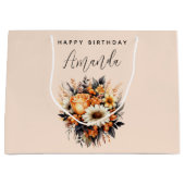 オレンジイエローグレーフラワーブーケ誕生日 ラージペーパーバッグ (正面)