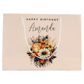 オレンジイエローグレーフラワーブーケ誕生日 ラージペーパーバッグ (裏面)