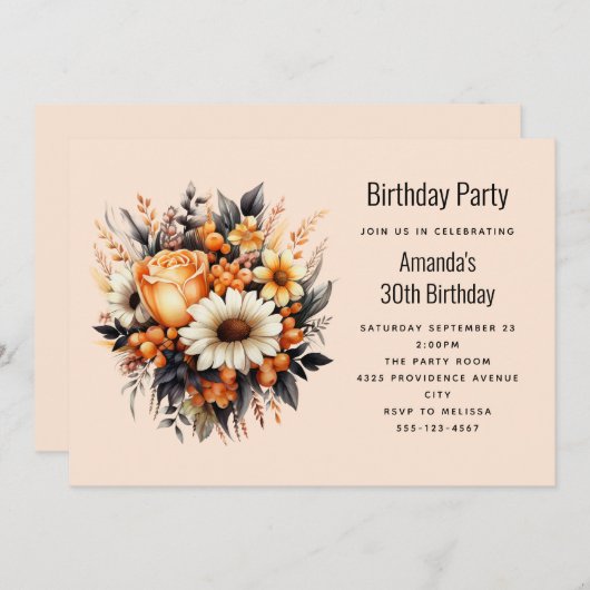 オレンジイエローグレーフラワーブーケ誕生日 招待状 (正面/裏面)