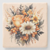 オレンジイエローグレーフラワーブーケ ストーンコースター (正面)