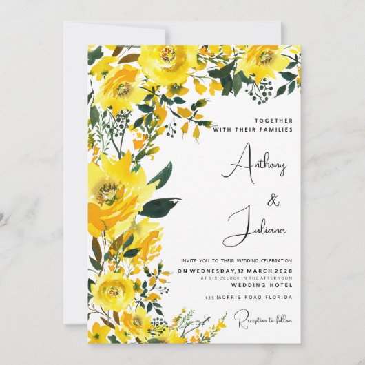 オレンジイエローサマーボタニック結婚フローラ 招待状 (正面)