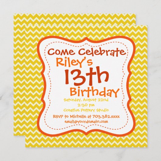 オレンジイエローシェブロンバースデーパーティ招待状 招待状 (正面/裏面)