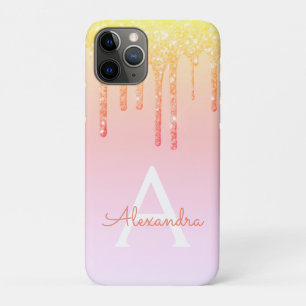 オレンジイエロースパークルきらきら光るグリッターモノグラム iPhone 11 PROケース