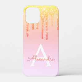 オレンジイエロースパークルきらきら光るグリッターモノグラム iPhone 12 MINI ケース