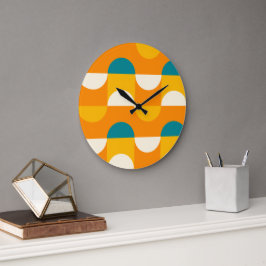 オレンジイエローダークティール（緑がかった色）ブルーグリーンレトロパターン ラージ壁時計