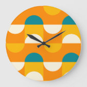 オレンジイエローダークティール(緑がかった色)ブルーグリーンレトロパターン ラージ壁時計 (正面)
