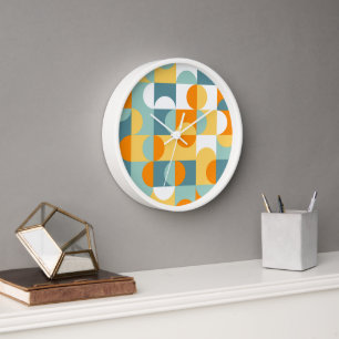 オレンジイエローティール(緑がかった色)ブルーシーフォームレトロアートパターン 壁時計