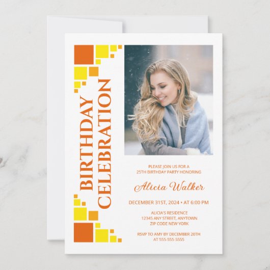 オレンジイエローデジタルフレームコーナーフォト誕生日 招待状 (正面)