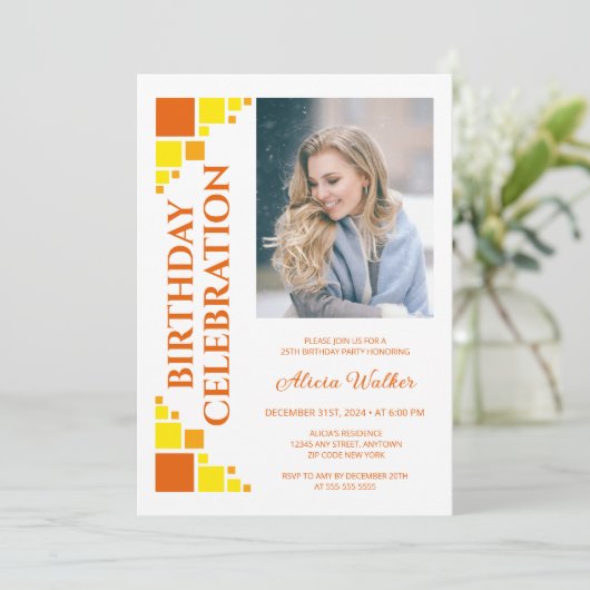 オレンジイエローデジタルフレームコーナーフォト誕生日 招待状 (スタンド正面)