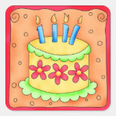オレンジイエローハッピーバースデーケーキキャンドル スクエアシール (正面)