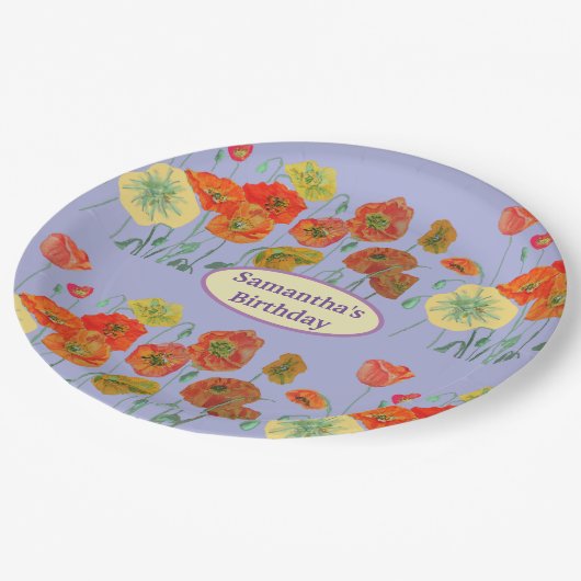 オレンジイエローパープルポピーズフラワー誕生日 ペーパープレート (アングル)