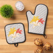 オレンジイエローフラワーズ白黒ストライプ 鍋つかみ&鍋敷きセット (トップダウン)