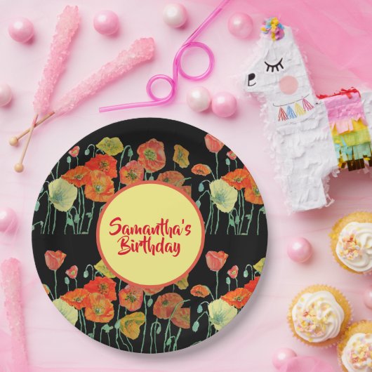 オレンジイエローブラックポピーズフラワー誕生日 ペーパープレート (パーティー)