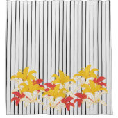 オレンジイエローホワイトフラワーズ白黒ストライプ シャワーカーテン (正面)