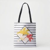 オレンジイエローホワイトフラワーズ白黒ストライプ トートバッグ (正面)