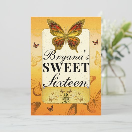 オレンジイエロー&金ゴールドバタフライスウィート16パーティー 招待状 (スタンド正面)