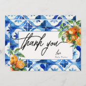 オレンジイタリアン色の水色ベビーシャワー サンキューカード (正面/裏面)