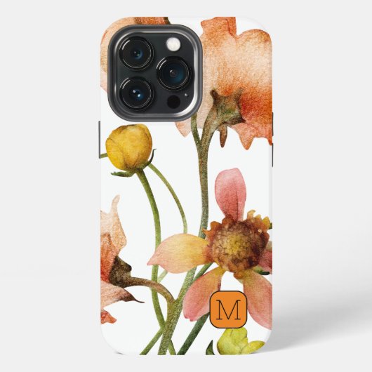 オレンジイニシャル美しい水彩の野の花  iPhoneケース (裏面)