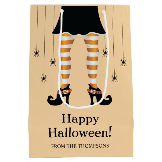 オレンジウィッチレッグアンドスパイダーズハッピーハローウィン文字 ミディアムペーパーバッグ (裏面)